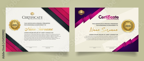 set certificate template with ribbon stripes ornament and modern texture pattern background. Diploma. Vector illustration