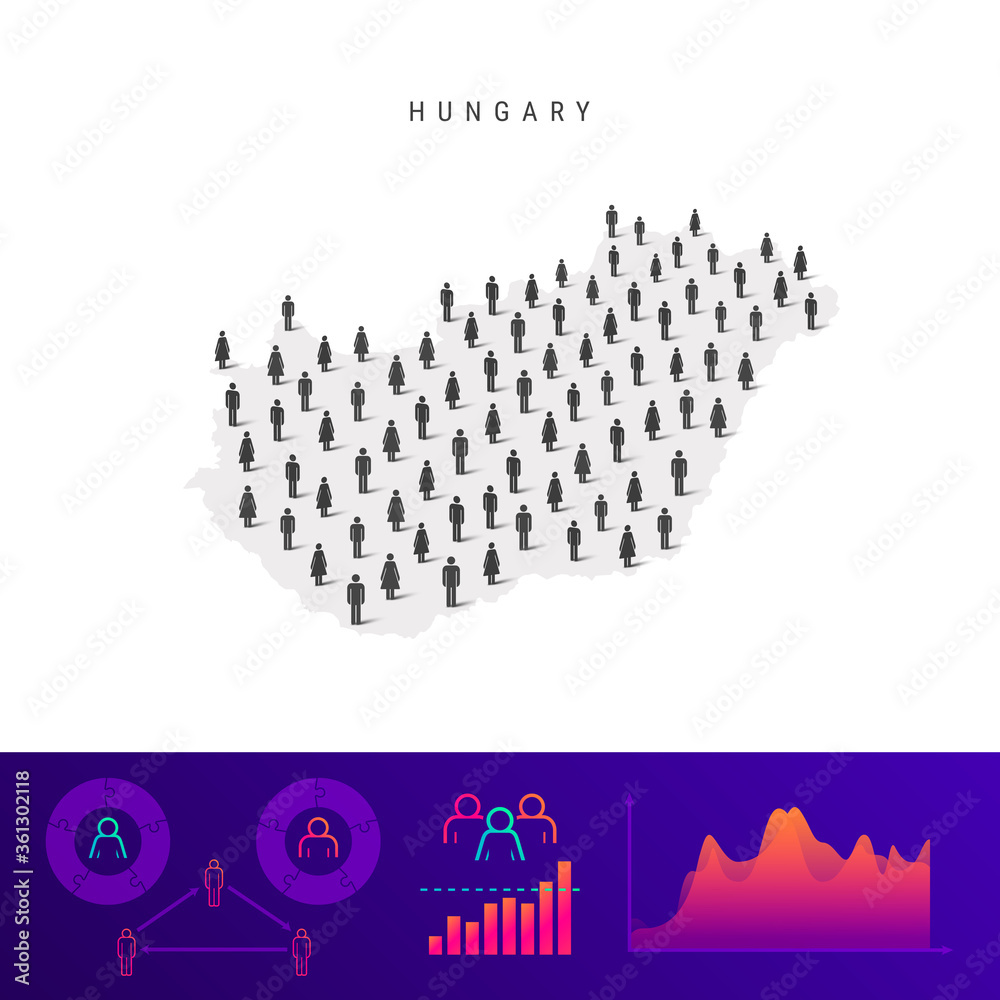 Hungarian people map. Detailed vector silhouette. Mixed crowd of men and women. Population infographic elements