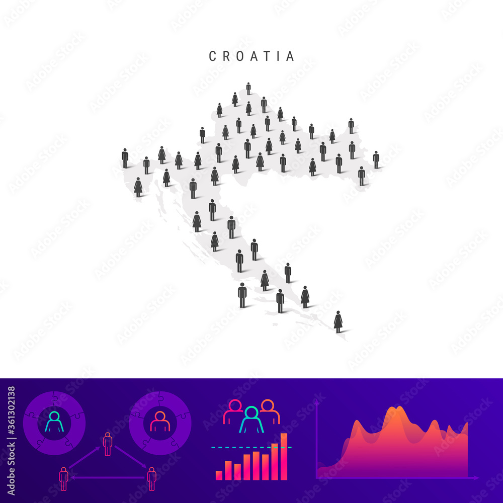 Croatian people map. Detailed vector silhouette. Mixed crowd of men and women. Population infographic elements