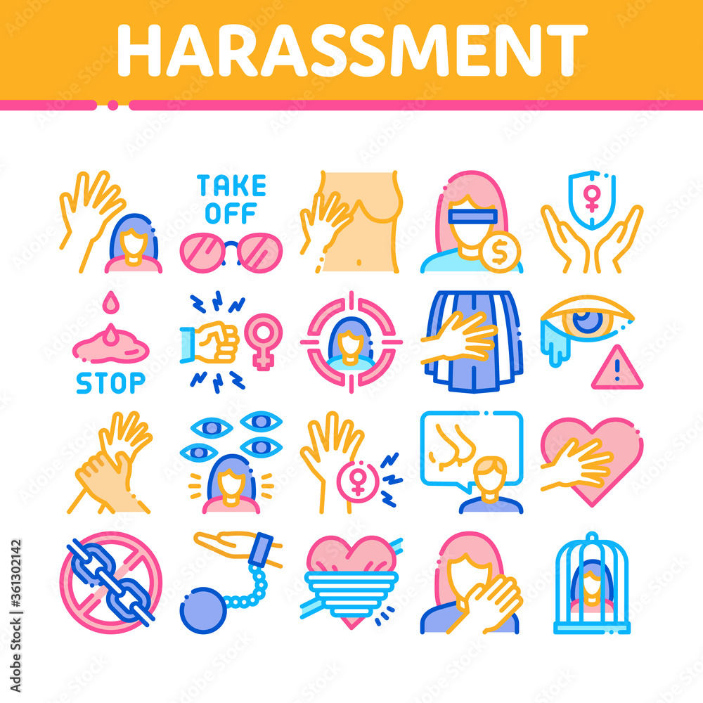 Sexual Harassment Collection Icons Set Vector. Victim And Woman Sexual Harassment, Molestation And Assault, Violent And Inappropriate Concept Linear Pictograms. Color Illustrations