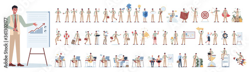 Businessman character set. Poses and meeting, data and hero.