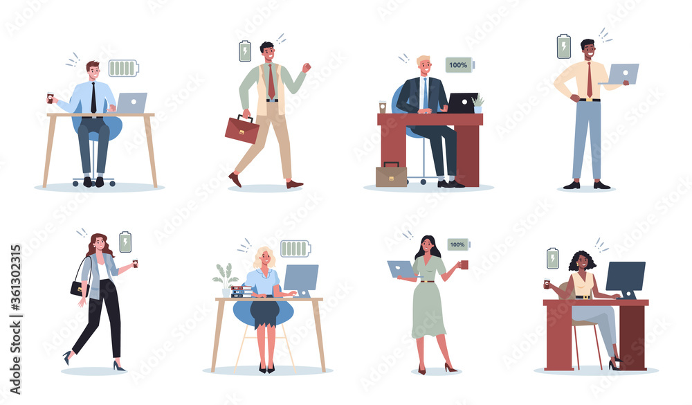 Energetic business man and woman set. Full of energy business