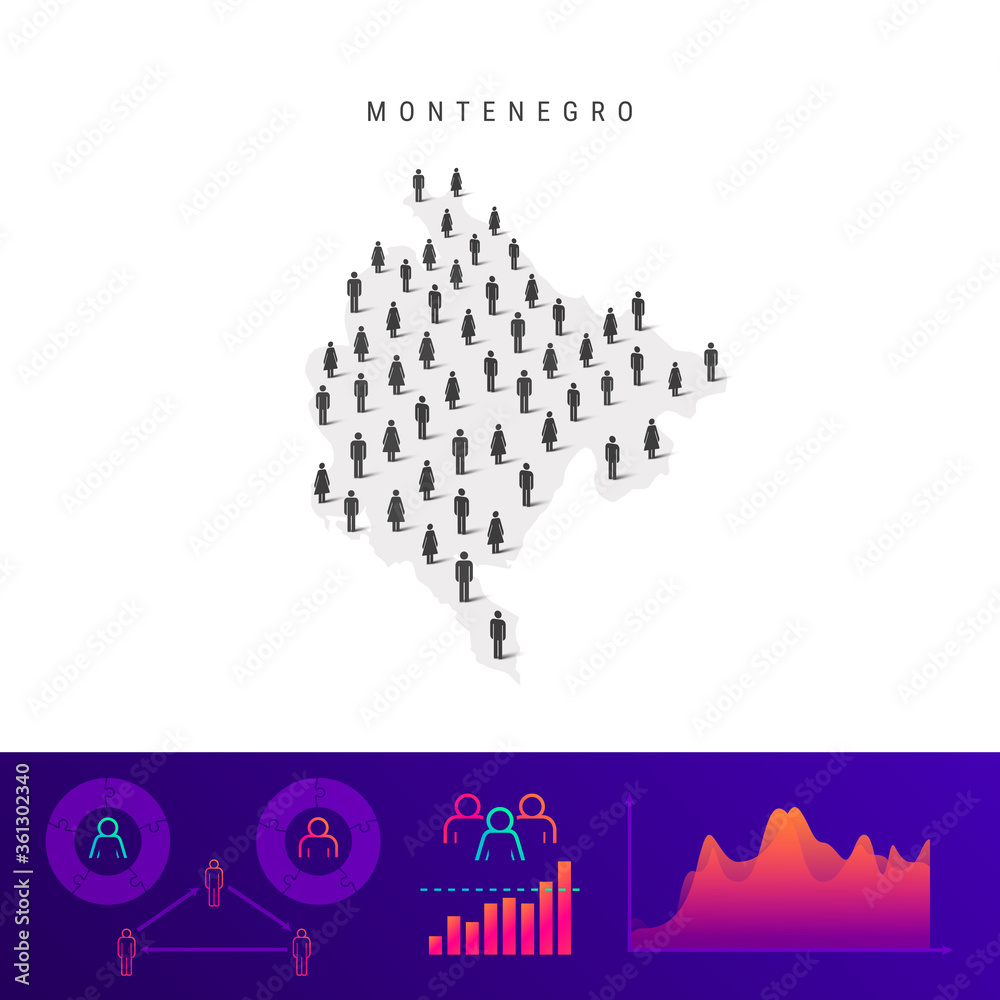 Montenegro people map. Detailed vector silhouette. Mixed crowd of men and women. Population infographic elements