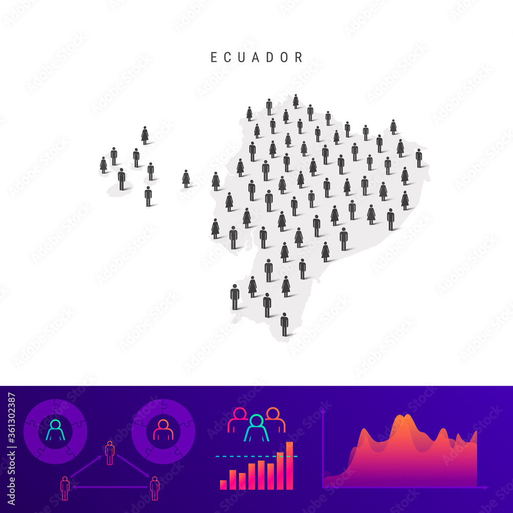 Ecuador people map. Detailed vector silhouette. Mixed crowd of men and women. Population infographic elements