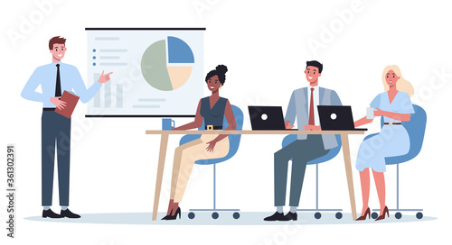 Business character making presentation in front of group of co-worker.