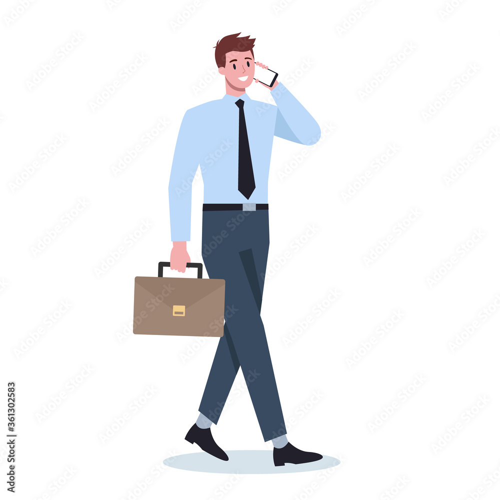 Business man with mobile phone. Male character in suit holding Business man with mobile phone. Male character in suit holding