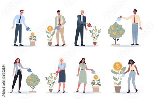 Set of business people watering a money tree. Happy successfull