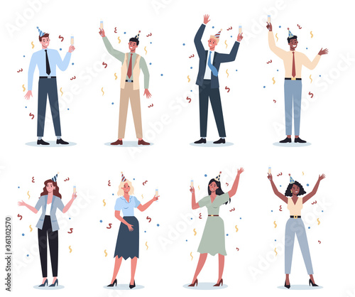 Office worker at work party set. Collection of business people in party