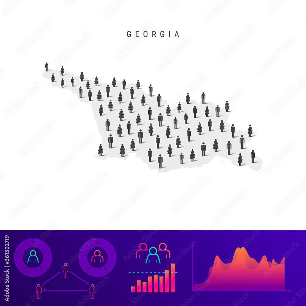 Georgia people map. Detailed vector silhouette. Mixed crowd of men and women. Population infographic elements Georgia people map. Detailed vector silhouette. Mixed crowd of men and women. Population infographic elements