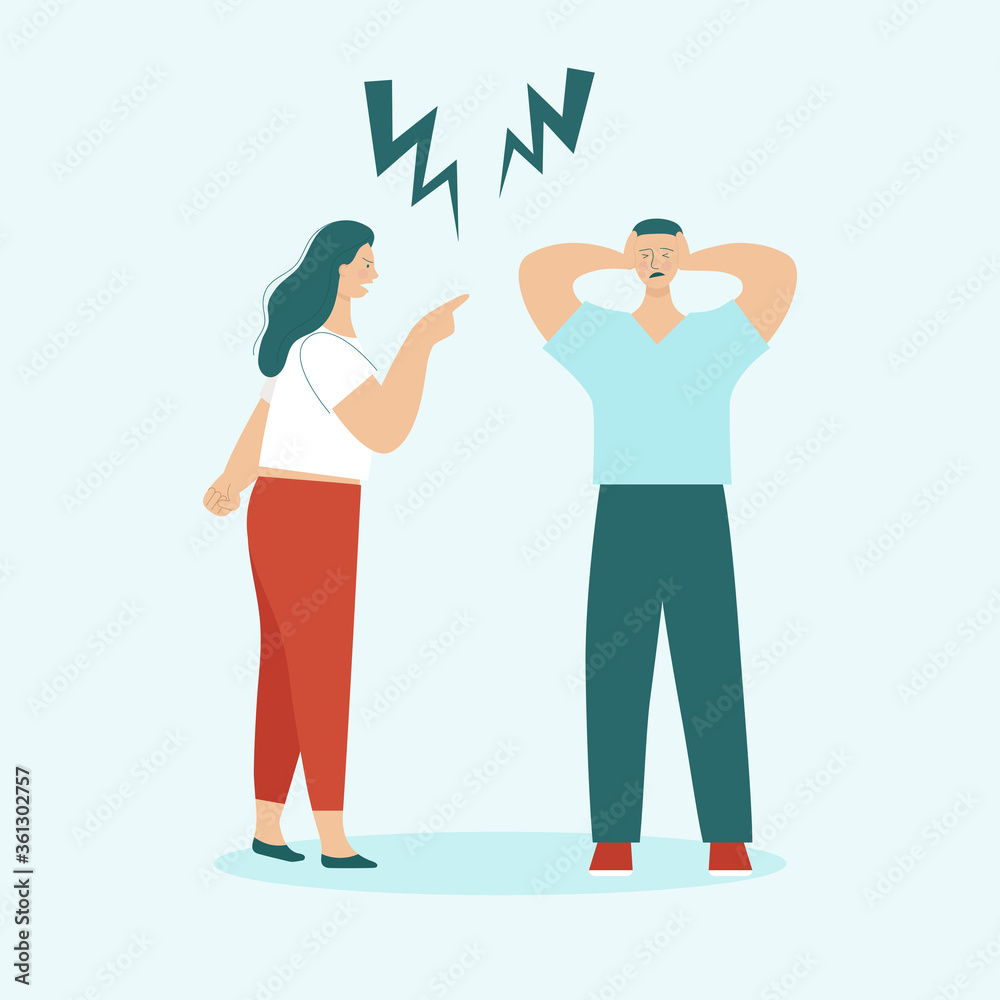 Adult man and woman quarrel. Concept of family conflicts, resentment, aggression, divorce. Husband and wife scream and swear. Flat vector illustration isolated. Adult man and woman quarrel. Concept of family conflicts, resentment, aggression, divorce. Husband and wife scream and swear. Flat vector illustration isolated.