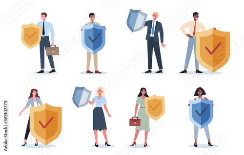 Business people wearing formal suit holding a shield set. Business