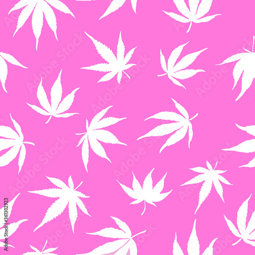 Seamless pattern of white hemp on a pink background.White hemp leaves on a pink background. Marijuana pattern