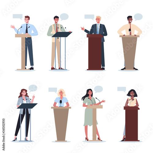 Foto Business people standing behind a lectern