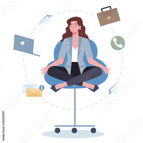 Business woman in lotus pose set. Employee meditate against stress.