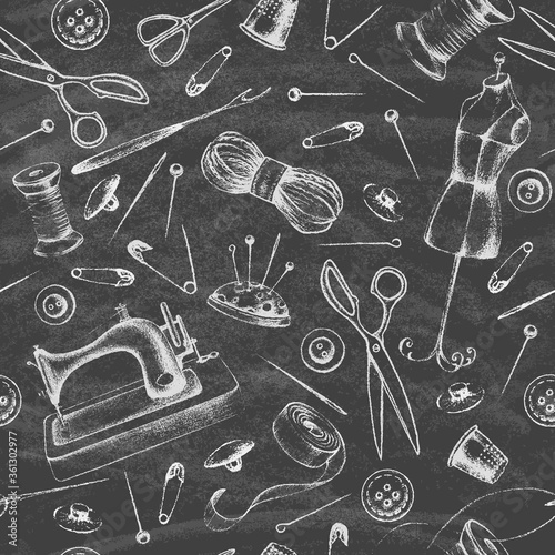Set of needlework - scissors, measuring tape, mannequin, sewing and more on the blackboard. Retro vintage style. Seamless pattern. Vector illustration