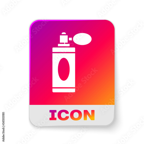 White Aftershave bottle with atomizer icon isolated on white background. Cologne spray icon. Male perfume bottle. Rectangle color button. Vector Illustration.