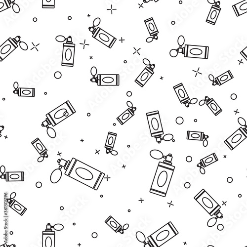 Black line Aftershave bottle with atomizer icon isolated seamless pattern on white background. Cologne spray icon. Male perfume bottle. Vector Illustration.