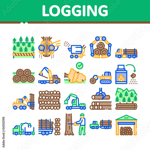 Wood Logging Industry Collection Icons Set Vector. Forest Material Logging Transportation And Storaging, Lumberjack Cutting Tree Concept Linear Pictograms. Color Illustrations