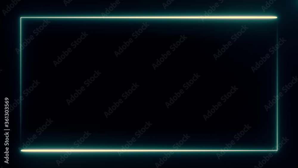 Blue and white neon rectangle frame at the screen border formed by a couple of moving lines on black background. Abstract backdrop 3D rendering 4k video. Blue and white neon rectangle frame at the screen border formed by a couple of moving lines on black background. Abstract backdrop 3D rendering 4k video.
