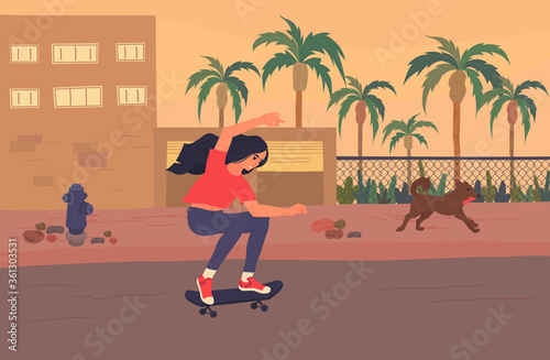 Young asian girl learn riding skateboard, try not to fall. Teenage skategirl skateboarding at empty street in the evening. Urban landscape with running dog on the background. Flat vector illustration