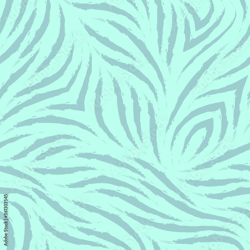 Vector seamless pattern of smooth lines of waves or currents with splashes. Texture of flowing stripes on a turquoise swirl or river background. Print for clothes or paper.