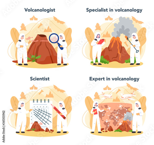 Volcanologist concept set. Geologist studying the processes