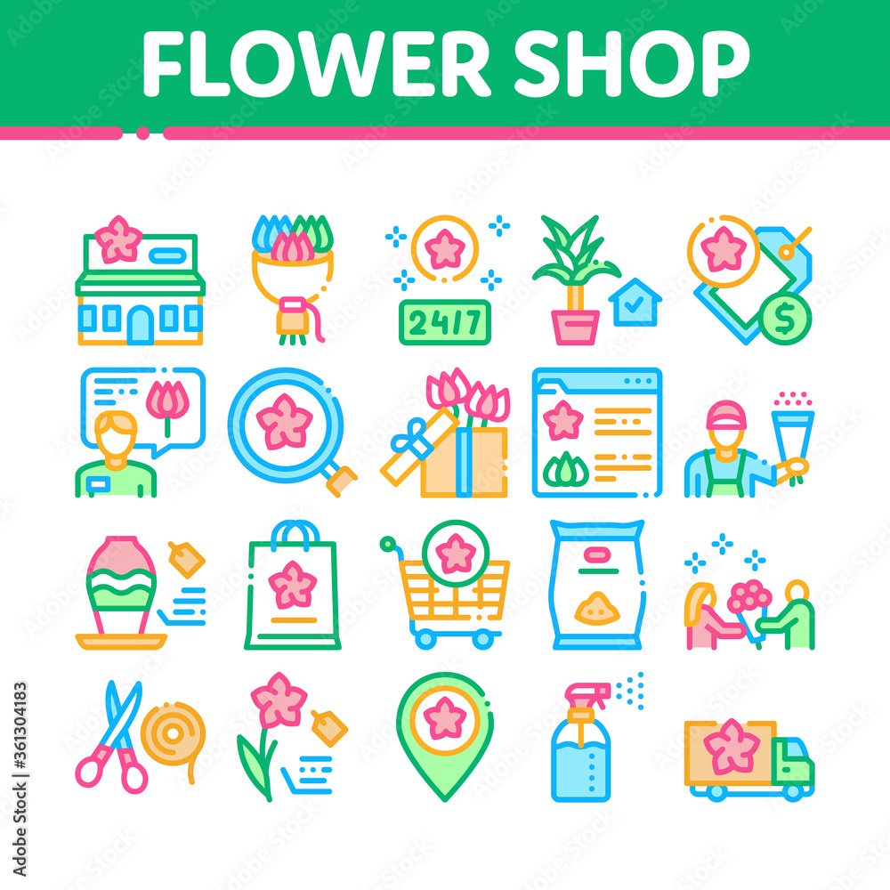 Flower Shop Boutique Collection Icons Set Vector. Flower Store Building And Delivery, Floral Present And Vase, Internet Web Site And Bag Concept Linear Pictograms. Color Illustrations