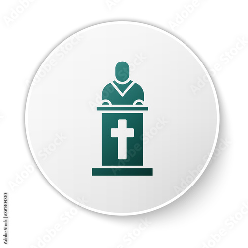 Green Church pastor preaching icon isolated on white background. White circle button. Vector Illustration.