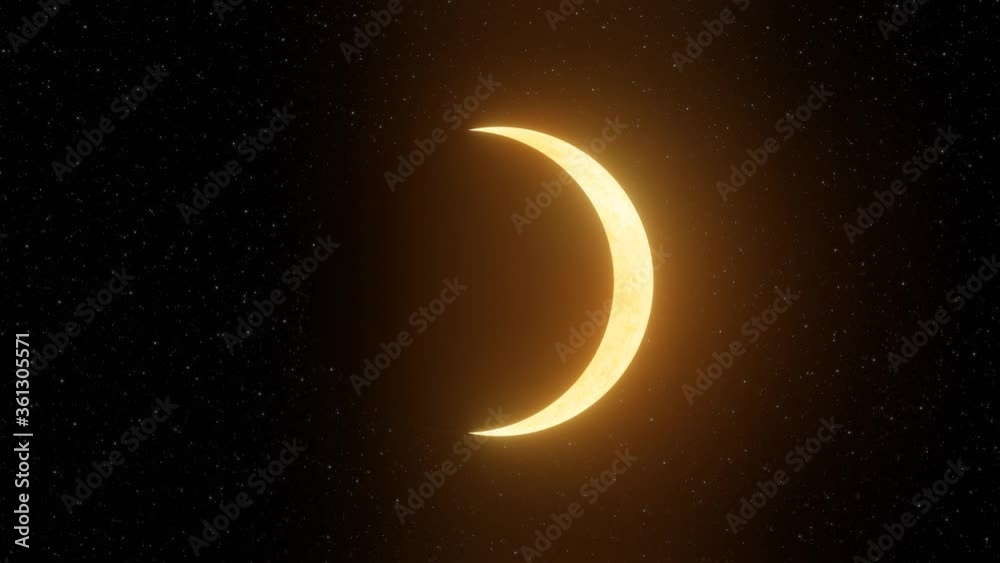 Representation of a solar eclipse moving horizontally with a ring of fire in the center on a space background with stars.