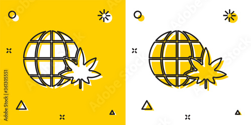 Black Legalize marijuana or cannabis globe symbol icon isolated on yellow and white background. Hemp symbol. Random dynamic shapes. Vector Illustration.