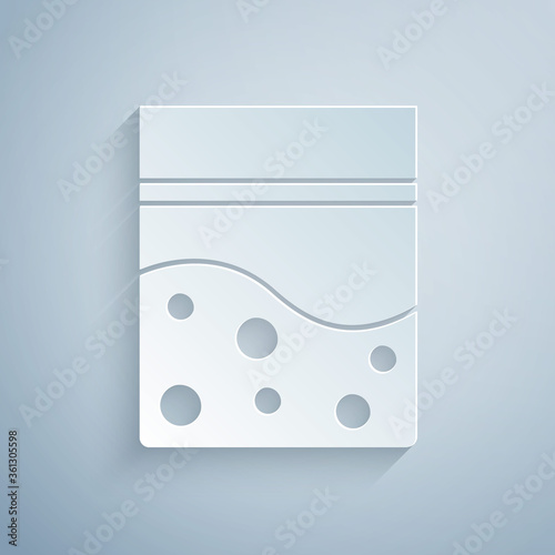 Paper cut Plastic bag of medicinal cannabis icon isolated on grey background. Health danger. Paper art style. Vector Illustration.