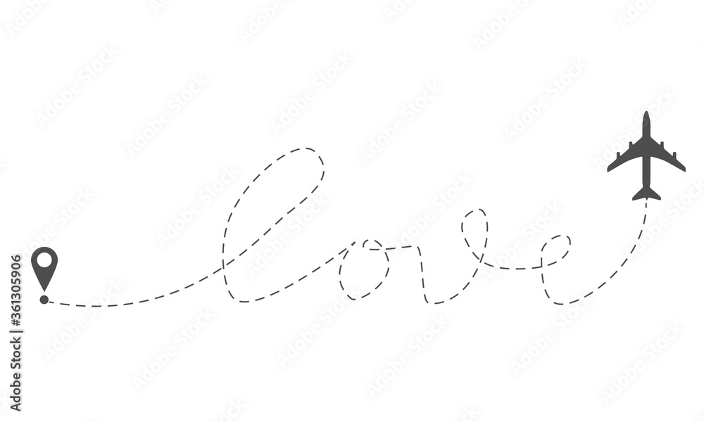 Love airplane route. Romantic travel, heart dashed line trace and plane routes. Hearted airplane path, flight air dotted love valentine day drawing isolated vector illustration.EPS10 Love airplane route. Romantic travel, heart dashed line trace and plane routes. Hearted airplane path, flight air dotted love valentine day drawing isolated vector illustration.EPS10