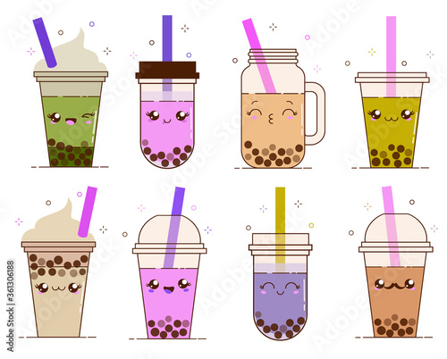 Set of bubble milk tea ads with delicious tapioca black pearls. Cute bubble tea kawaii smiled characters. Taiwanese famous and popular drink Boba. Cartoon flat vector illustration isolated on white