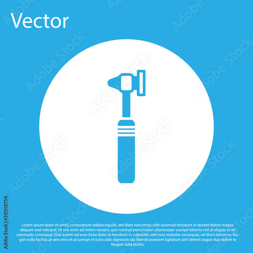 Blue Medical otoscope tool icon isolated on blue background. Medical instrument. White circle button. Vector Illustration.