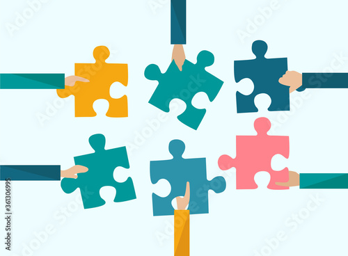 Business partnership. Team members putting puzzle pieces together on color background, vector illustration in flat style