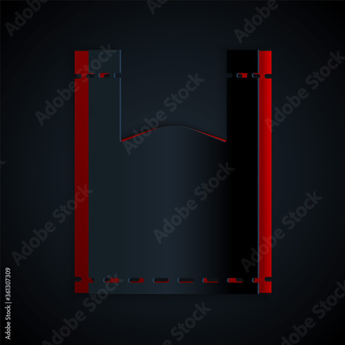 Paper cut Plastic bag icon isolated on black background. Disposable cellophane and polythene package prohibition sign. Paper art style. Vector Illustration.