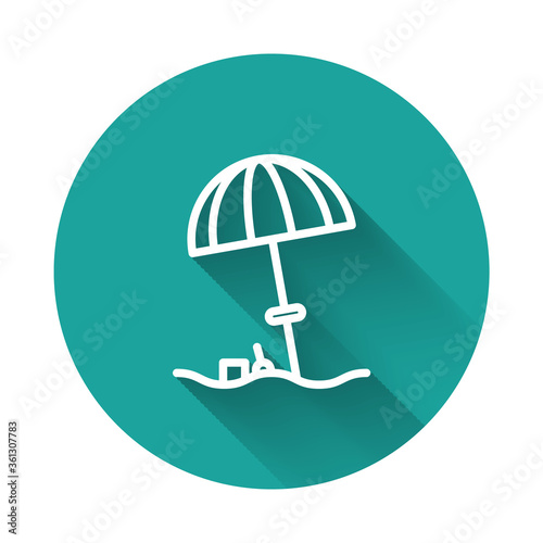 White line Sun protective umbrella for beach icon isolated with long shadow. Large parasol for outdoor space. Beach umbrella. Green circle button. Vector Illustration.