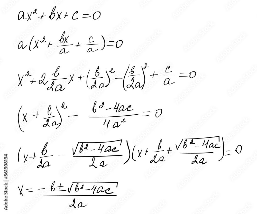 Quadratic equation formula. Solution task scheme. Trigonometric background. Education, getting classes, school program Higher. Handwritten math text. Grouped and isolated on white. Vector illustration Quadratic equation formula. Solution task scheme. Trigonometric background. Education, getting classes, school program Higher. Handwritten math text. Grouped and isolated on white. Vector illustration