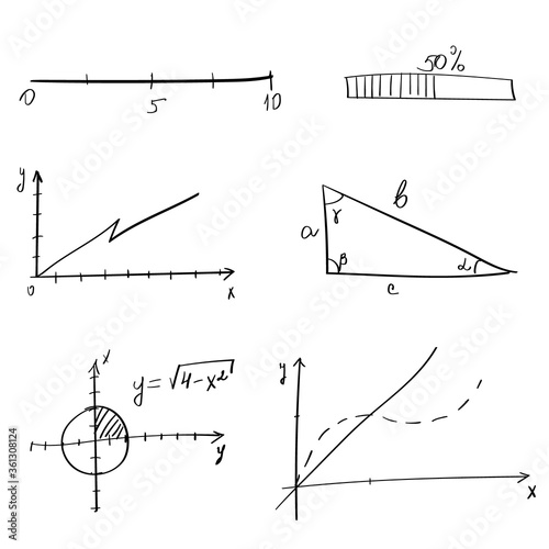 Trigonometric background.Schemes, graphs, functions. Percents, fractions, vector Education getting classes school.Written math graphics and diagram. Grouped and isolated on white. Vector illustration