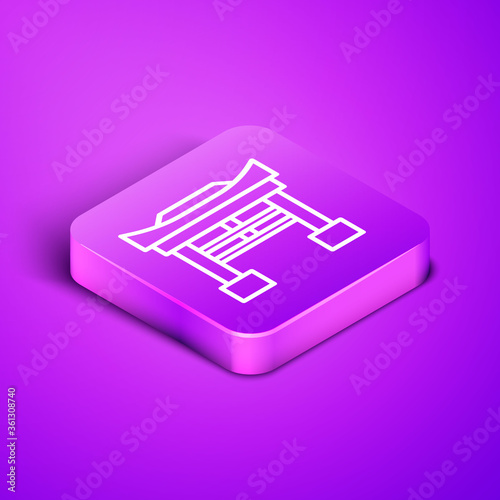 Isometric line Japan Gate icon isolated on purple background. Torii gate sign. Japanese traditional classic gate symbol. Purple square button. Vector Illustration.