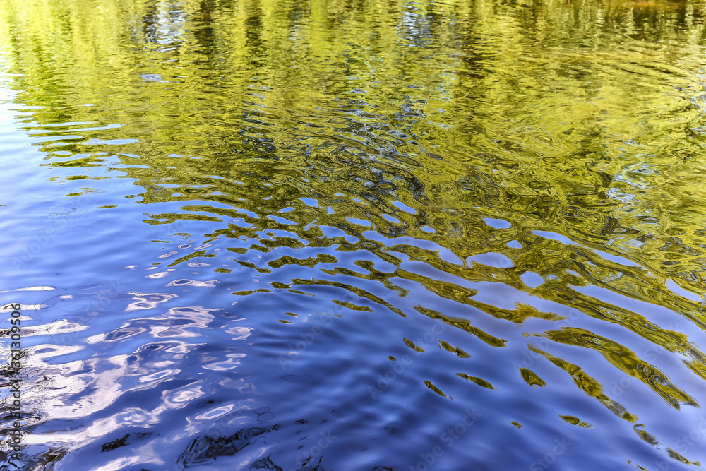 Wavy water surface of the river with reflection of coastal vegetation
