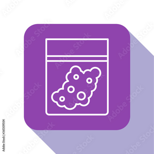 White line Plastic bag of medicinal cannabis icon isolated on white background. Health danger. Purple square button. Vector Illustration.