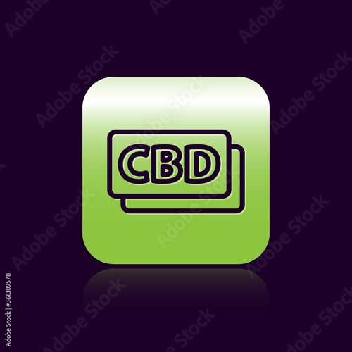 Black line Cannabis molecule icon isolated on black background. Cannabidiol molecular structures, THC and CBD formula. Marijuana sign. Green square button. Vector Illustration.