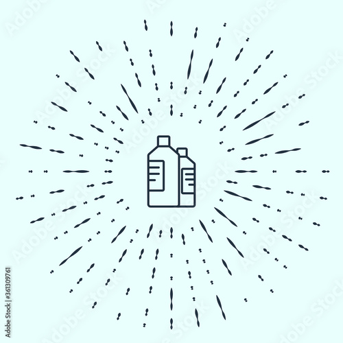 Black line Plastic bottles for laundry detergent, bleach, dishwashing liquid or another cleaning agent icon isolated on grey background. Abstract circle random dots. Vector Illustration.