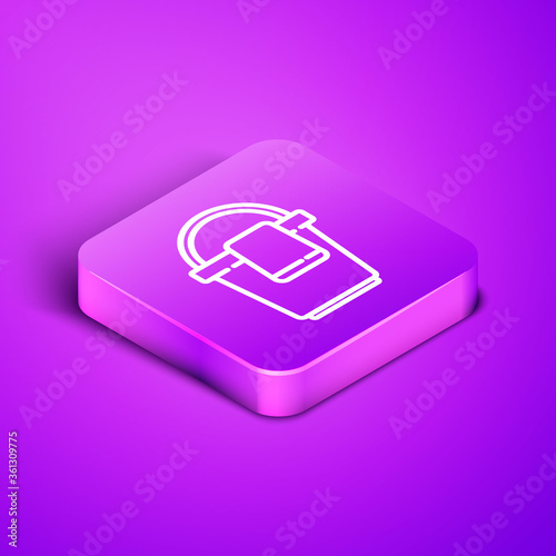 Isometric line Bucket with rag icon isolated on purple background. Cleaning service concept. Purple square button. Vector Illustration.