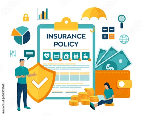 Insurance Services Concept. Car, travel, family and life, real estate, intellectual property, financial and health insurance. Colourful flat style vector illustration with characters and icons.