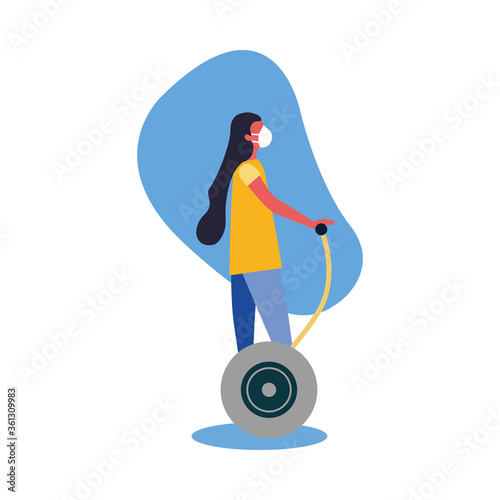 Woman with medical mask on hoverboard vector design