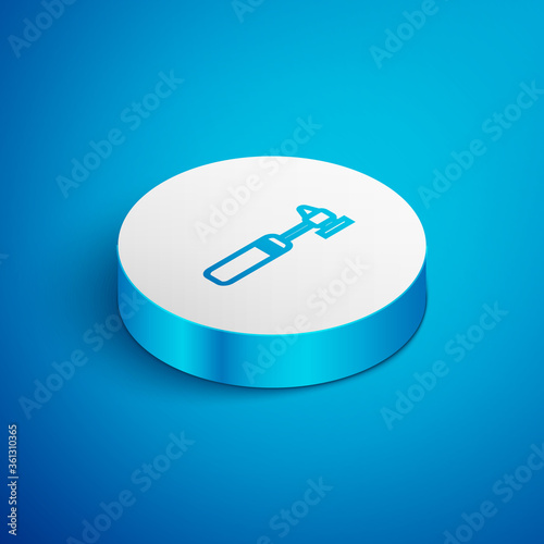 Isometric line Medical otoscope tool icon isolated on blue background. Medical instrument. White circle button. Vector Illustration.