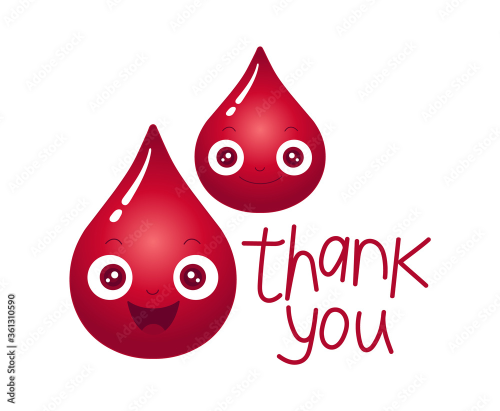 Vector illustration of blood drop character. 3D effect. Thank you donor