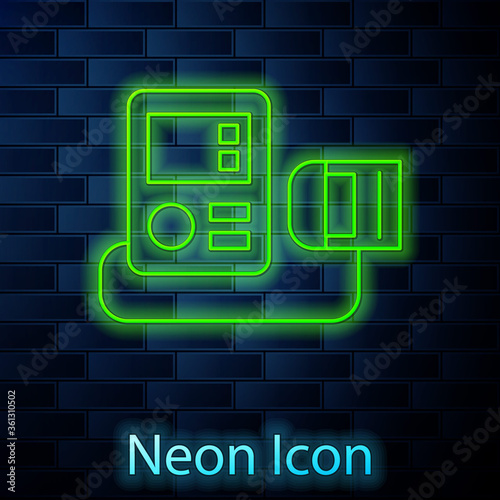 Glowing neon line Blood pressure icon isolated on brick wall background. Vector Illustration.